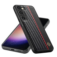 Hoesje compatibel met Samsung Galaxy S21, koolstofvezel PU-versterking, fijne microvezelvoering, aluminium logo, rode strepen, cliploos, 2-in-1