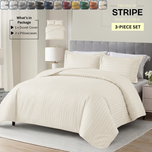 (Single, Cream) Premium Stripe Duvet Cover Set & Pillowcase Pair