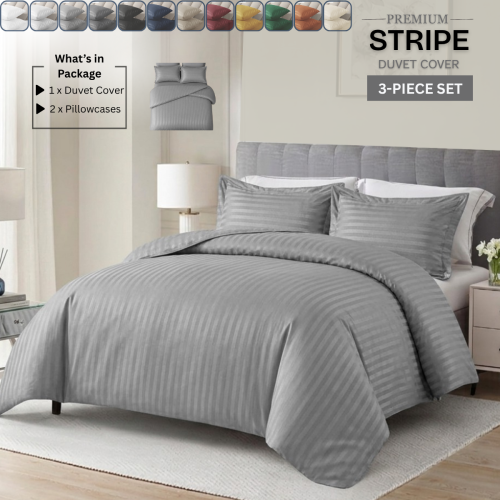 (King, Grey) Premium Stripe Duvet Cover Set & Pillowcase Pair