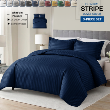 (Single, Navy) Premium Stripe Duvet Cover Set & Pillowcase Pair