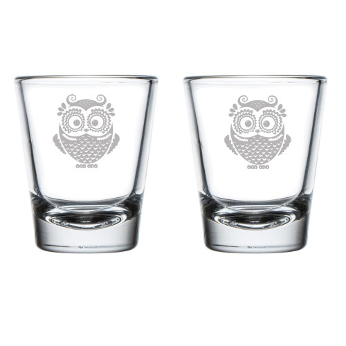 Set mit 2 Schnapsgläsern, 50 ml, Eule, Vintage-Stil