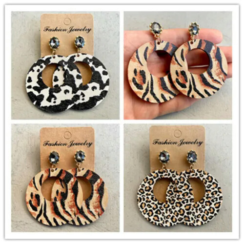RSAMD Rhinsten Gepard Ko Print Åbne Træ Grå Krystal Leopard Statement Øreringe-#2 1