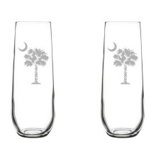 Set van 2 champagneflutes/mousserende wijnglazen met palmboommotief uit South Carolina (palmmoon, 250 ml, zonder steel).