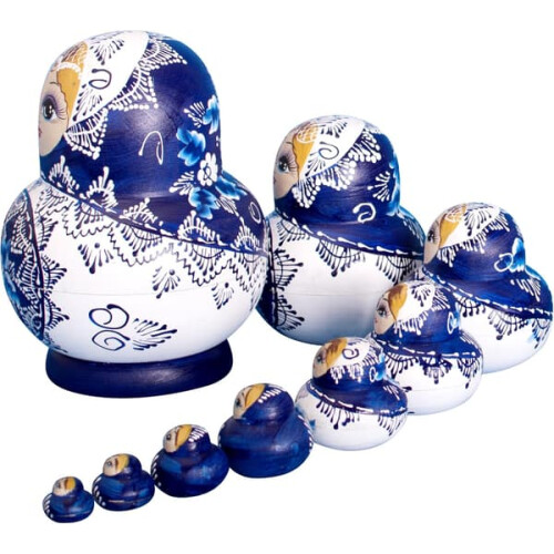 Russian Matryoshka Dolls Blue Handmade 10-Piece Set 1