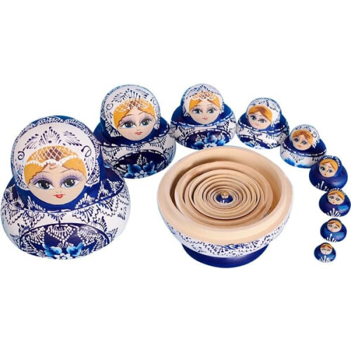 Russian Matryoshka Dolls Blue Handmade 10-Piece Set 2