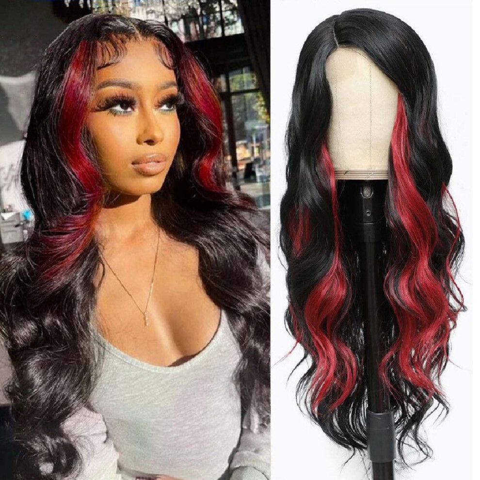 Long wavy synthetic lace wig black with red highlights 28