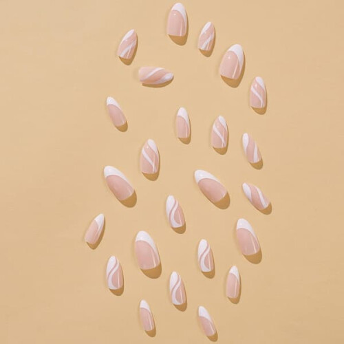 White French Press-On Nails, Almond Shape, 24 pcs 1
