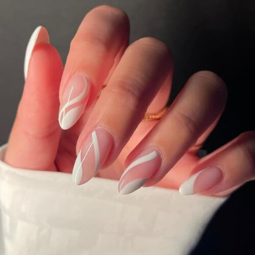 White French Press-On Nails, Almond Shape, 24 pcs