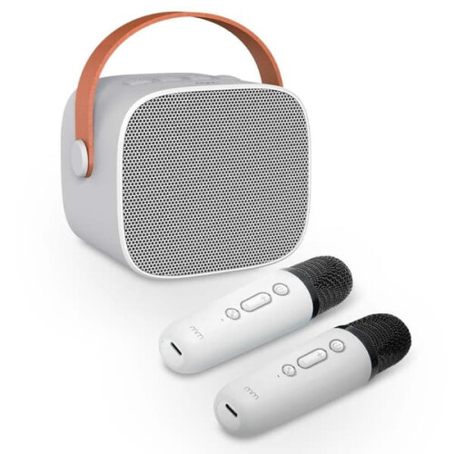 Portable karaoke set white with wireless microphones