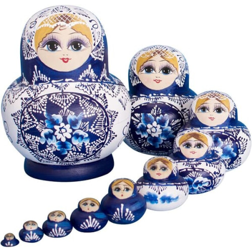Russian Matryoshka Dolls Blue Handmade 10-Piece