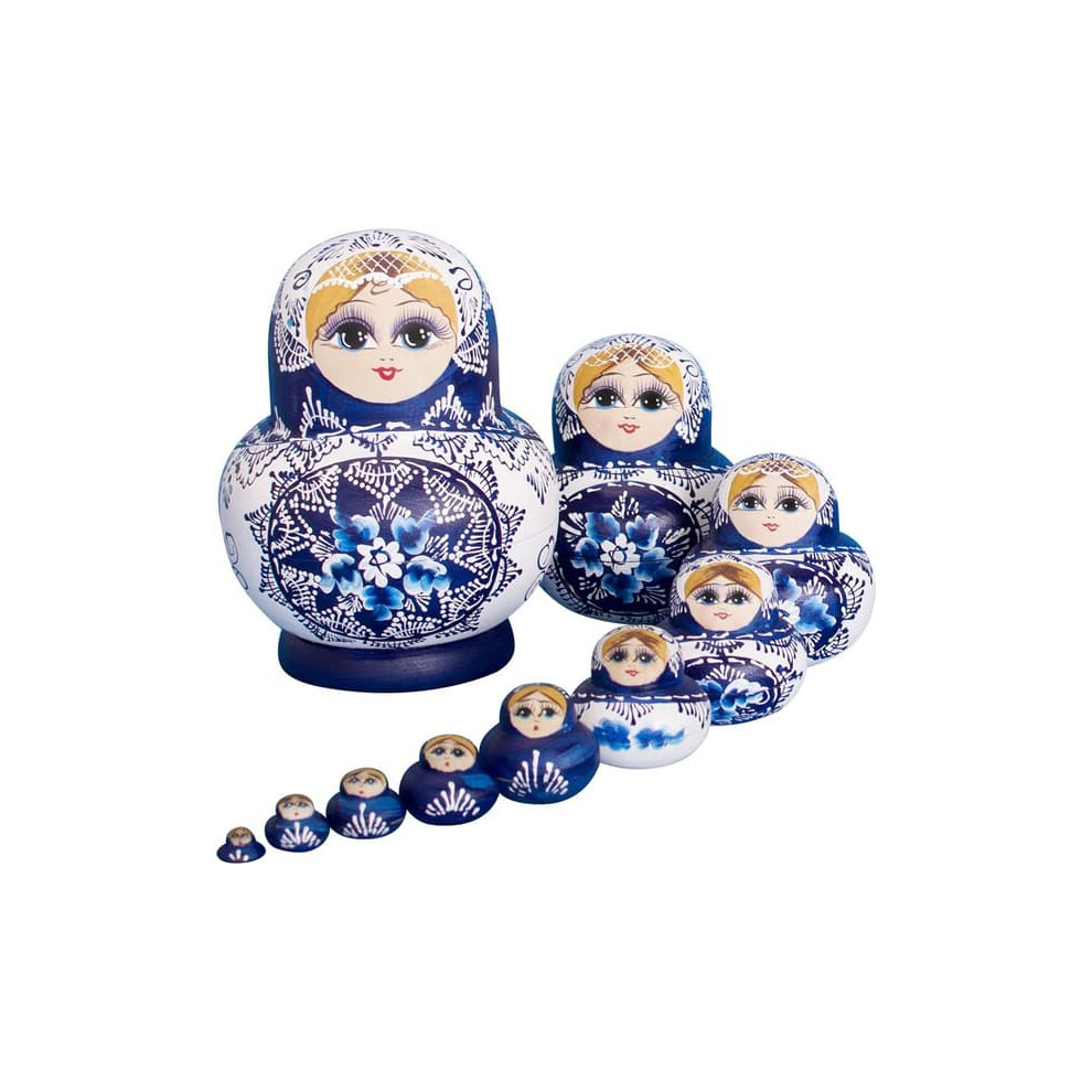 Russian Matryoshka Dolls Blue Handmade 10-Piece