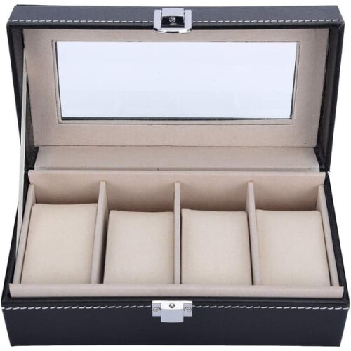 Watch Box for 4 Watches Black with White Stitching