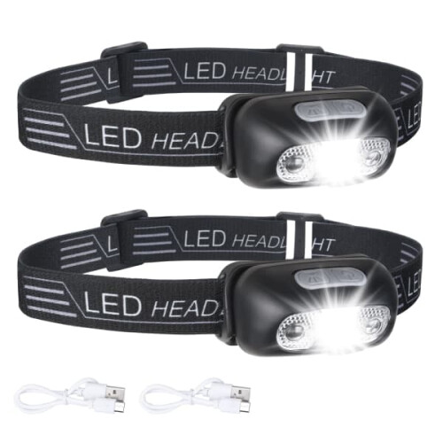 USB Rechargeable Headlamp IPX6 Waterproof 160 Lumen 2-Pack