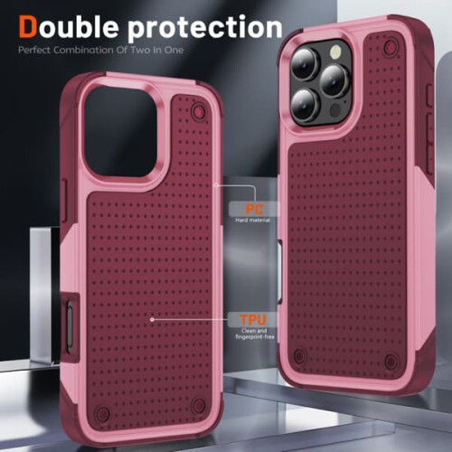 iPhone 16 Pro case PC and TPU shockproof pink dark red 2