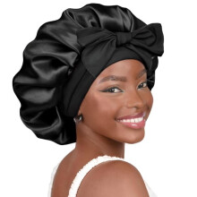 Satin Bonnet for Sleeping Double-Layer with Ribbon Black