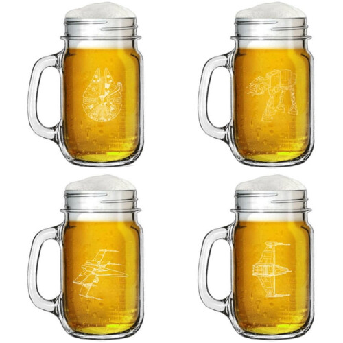 Conjunto de presente com 4 canecas de vidro Mason Jar de 473 ml com alça, coleção Nave Espacial.