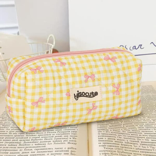 Pink checkered pencil case with bow 1 pack 1