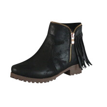 OAVQHLG3B Bequeme Damen-Retro-Stiefeletten mit Quasten, seitlichem Reißverschluss, niedrigem Absatz und runder Zehenpartie