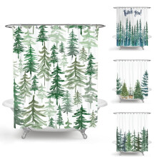 Rideau de douche rustique de Noël avec sapins enneigés, paysage naturel de forêt hivernale et flocons de neige, et 12 crochets.