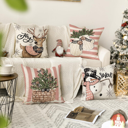 Conjunto de 4 capas de almofada de Natal com boneco de neve e rena, 40x40cm (16x16 polegadas) 1
