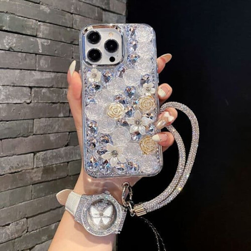 Capa para iPhone compatível com iPhone - Rosa de diamante com pulseira compatível com iPhone 11.