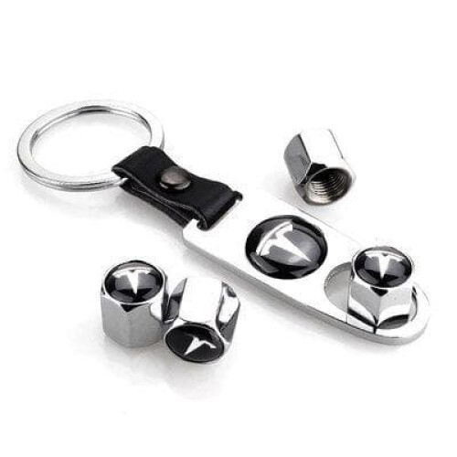 Tesla logo valve caps with key ring silver