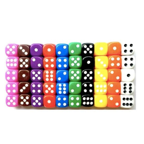 Six-sided dice multicolor 100-pack