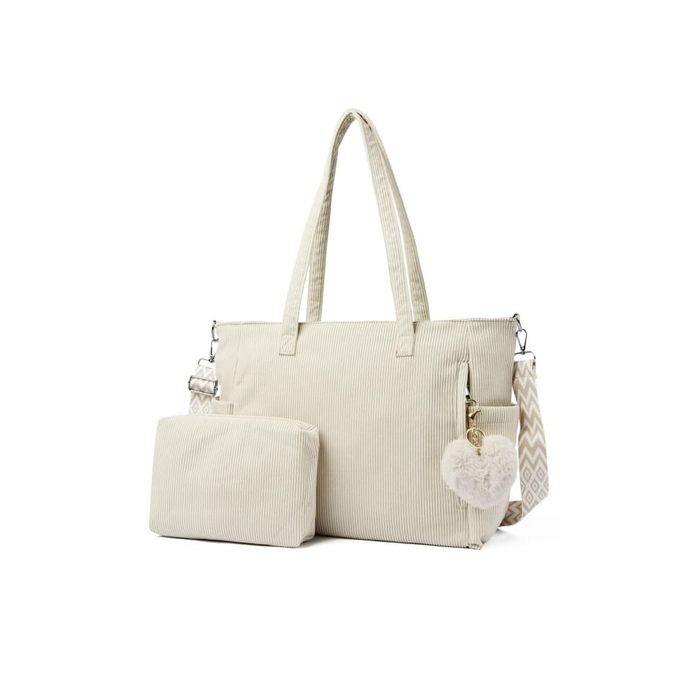 Women's Corduroy Shopper Handbag Beige Large 962029278306