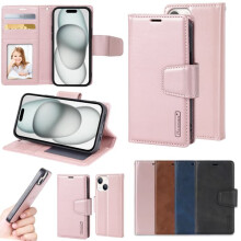Elegante funda tipo cartera 2 en 1 compatible con iPhone 15 Plus, color oro rosa.
