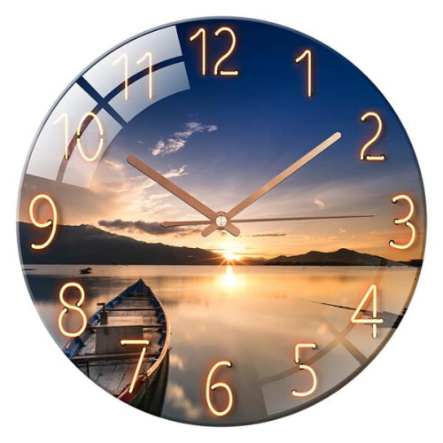 Glass Wall Clock Sunset Blue 12 Inch Silent Round