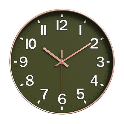 Modern Silent Wall Clock with 3D Numbers 8 Inch Dark Green