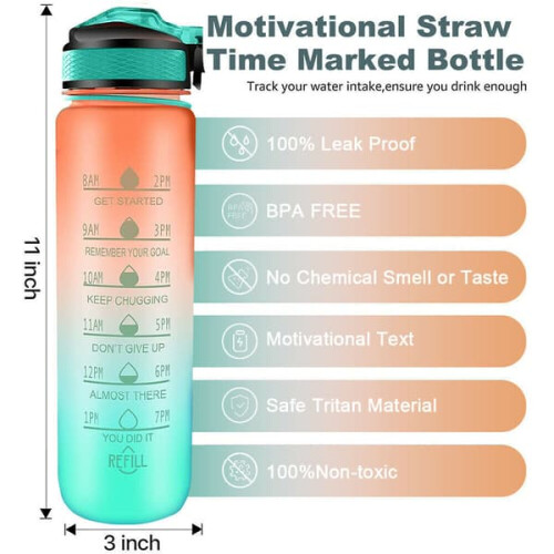 Water Bottle with Straw and Timer Orange-Green 2-Pack