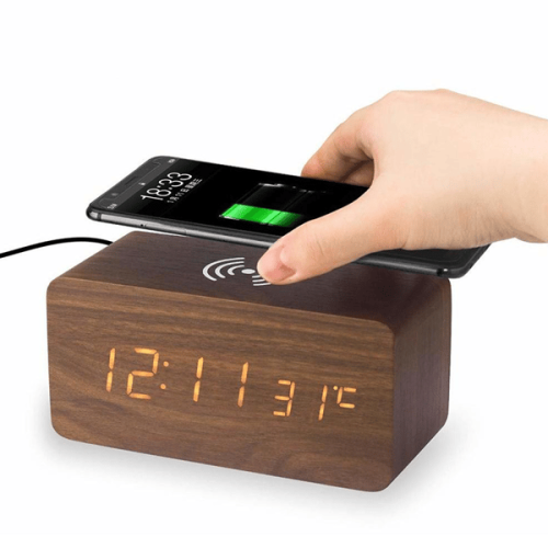 INF Digital LED Alarm Clock Brown with Wireless Charging