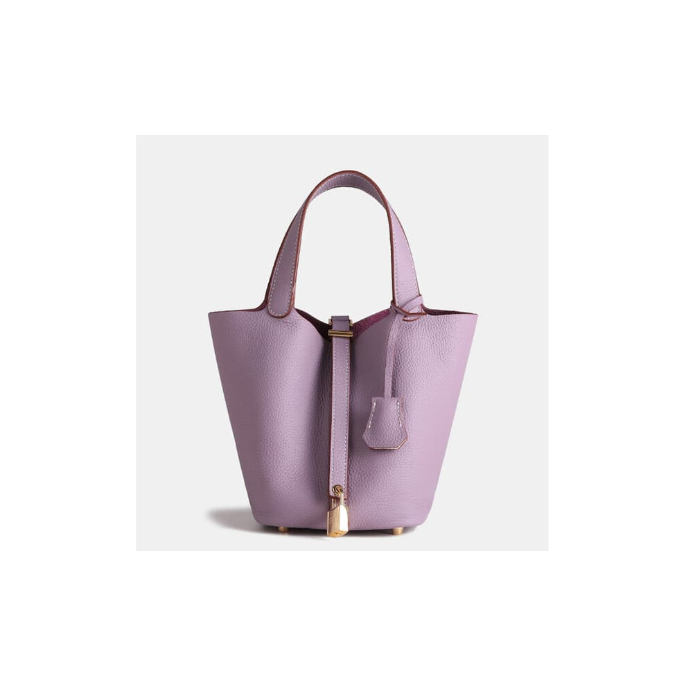 Light Purple Cow Leather Bucket Bag With Lychee Texture 1 962029289647