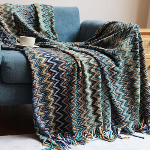 Bohemian sofa blanket blue checkered 130 x 200 cm