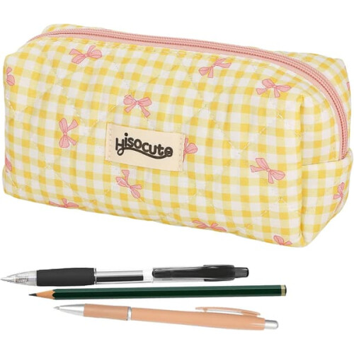 Pink checkered pencil case with bow 1 pack
