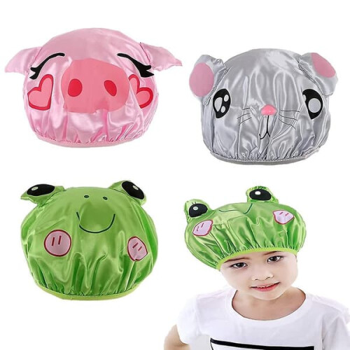 Shower Cap Waterproof Double Layer Cartoon 3-Pack