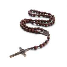 Catholic cross rosary necklace natural wood dark brown