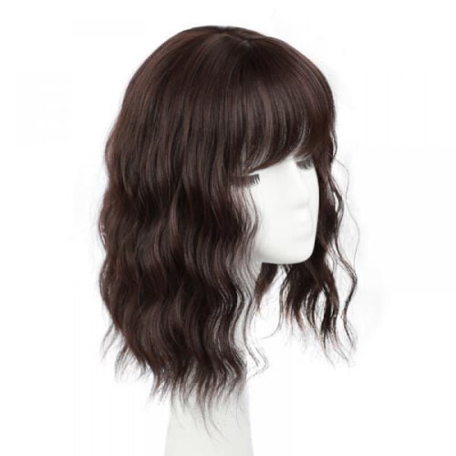 Curly Wavy Hairpiece with Bangs Dark Chestnut Brown
