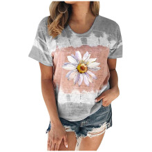 Blusa feminina de verão OAVQHLG3B, casual, com gola redonda, manga curta e estampa.