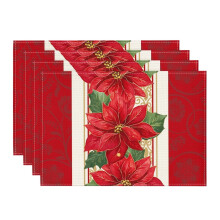 Red Poinsettia Christmas Placemats Set of 4 12x18 Inch