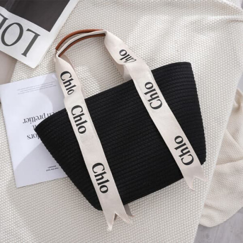 Chloe woven cotton rope beach bag black 2