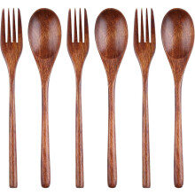 Ensemble de 6 cuillères et fourchettes en bois Kiibsot, 23 cm, style coréen, compatible avec les aliments, desserts, soupes, salades, fruits,