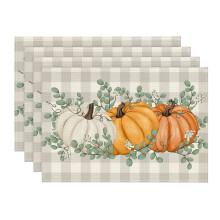 Orange pumpkin placemat with eucalyptus leaves 4 pcs 12 x