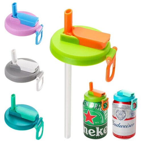 Reusable Soda Can Lid with Silicone Straw Grey White 1 pc