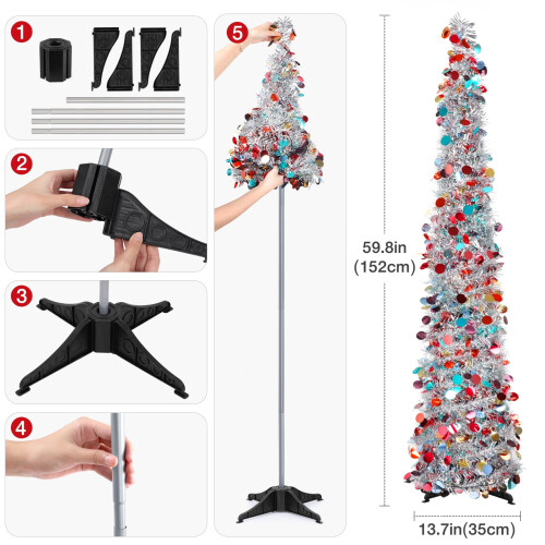 Artificial Christmas Tree Pencil Style 5 ft LED Silver 1
