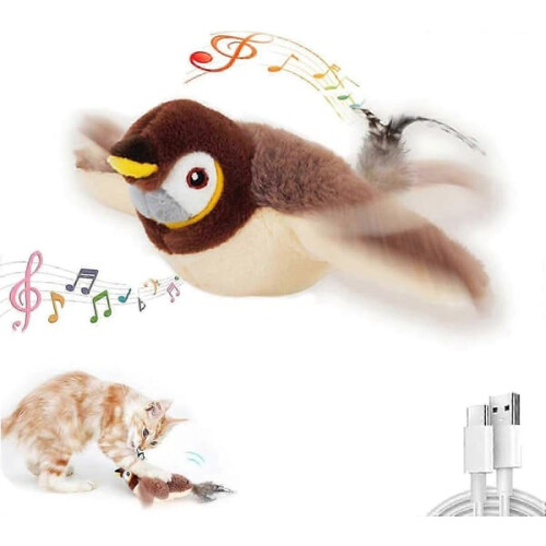 Interactive cat toy with flapping wings and chirping sounds