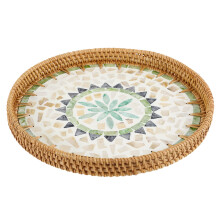 Plateau de service rond en rotin Lzvxtym avec incrustations de nacre, panier en osier beige style bohème, 30 cm