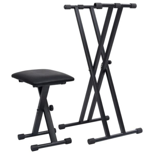 vidaXL double-braced keyboard stand and stool black