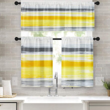 Kitchen Curtains Set Yellow Grey White Striped Abstract Art